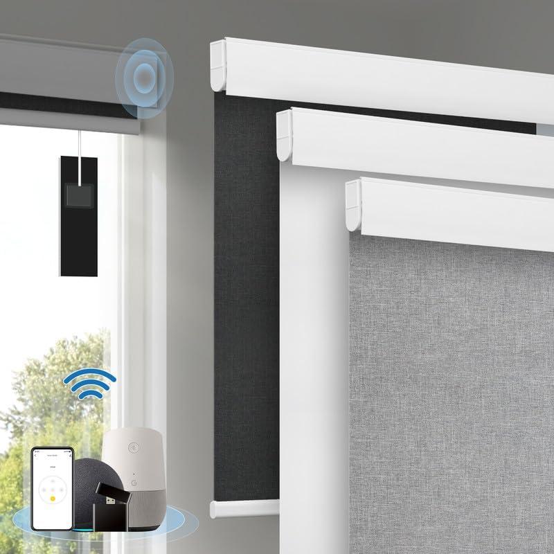 Motorized Blinds with Remote, [Free Solar Panels] Cordless Smart Blinds with Valance Cover, Blackout Electric Blinds with Remote Control, Automatic Roller Shades for Windows Light Gray 34" W x 72" H