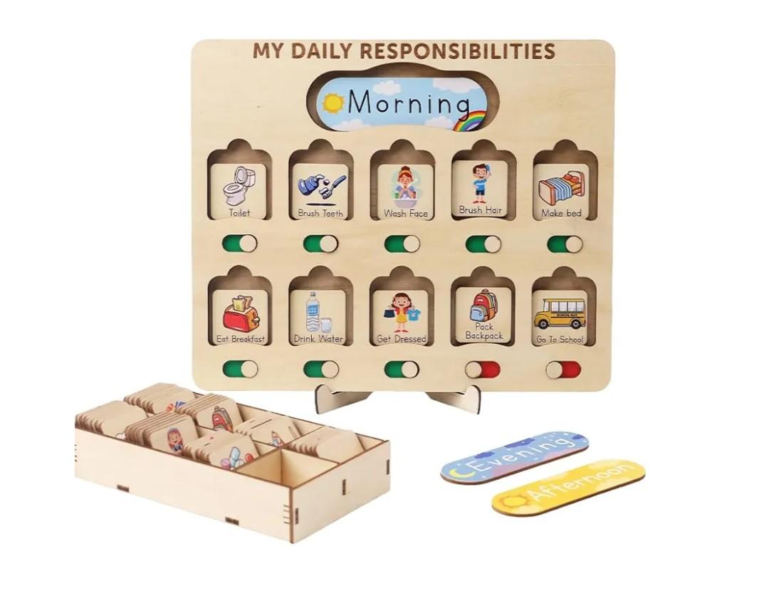 Wooden Chore Chart for Kids Visual Schedule, Routine Chart for Kids, Morning Bedtime Routine Chart for Toddlers Ages 2-4, Daily Kids Schedule Board for Home (02)