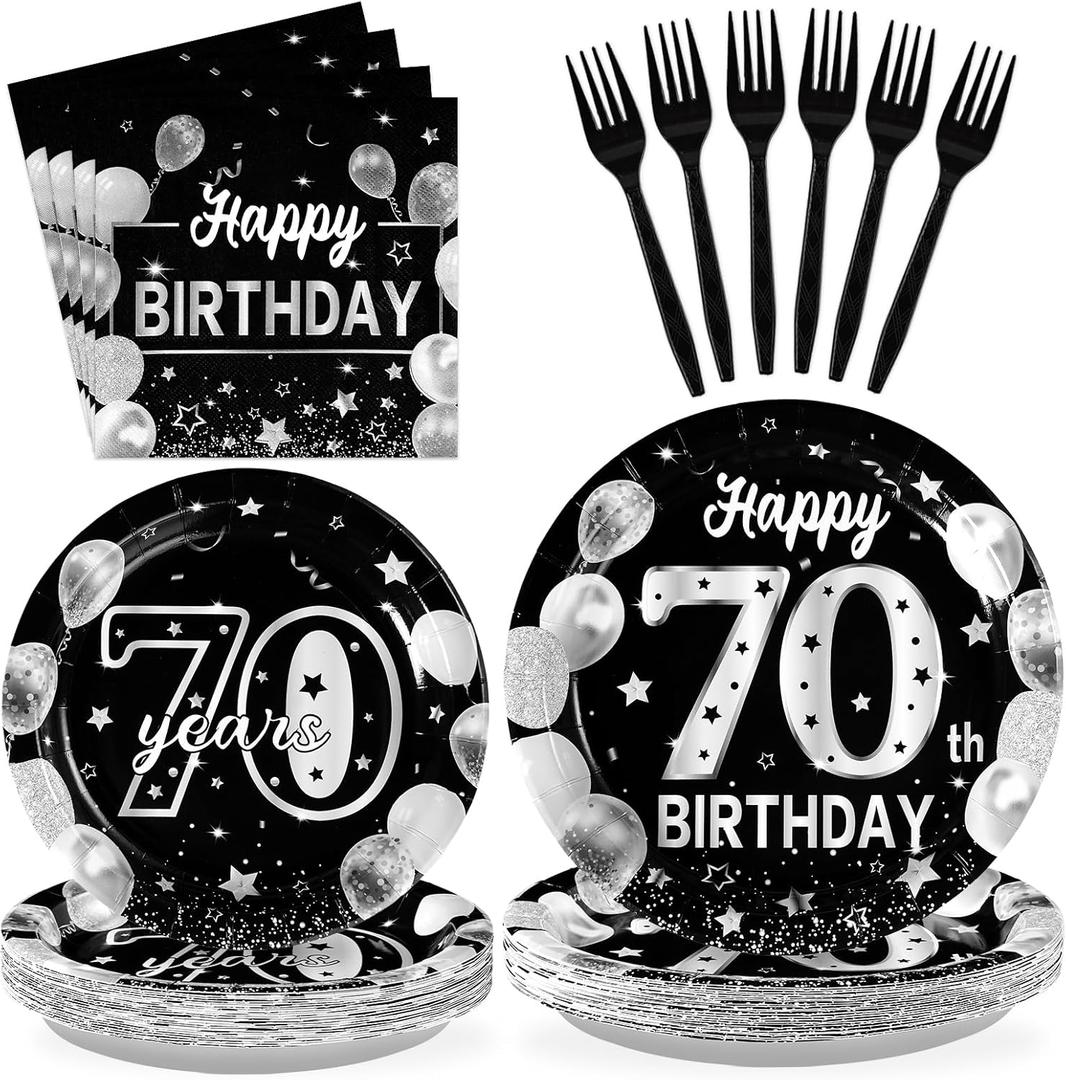 Grencian 96 Pcs 70th Birthday Supplies Silver Black 70th Birthday Party Plates Disposable Sweet 70 Seventy Years Old Decorations Paper Tableware for Men Party Supplies Serves 24
