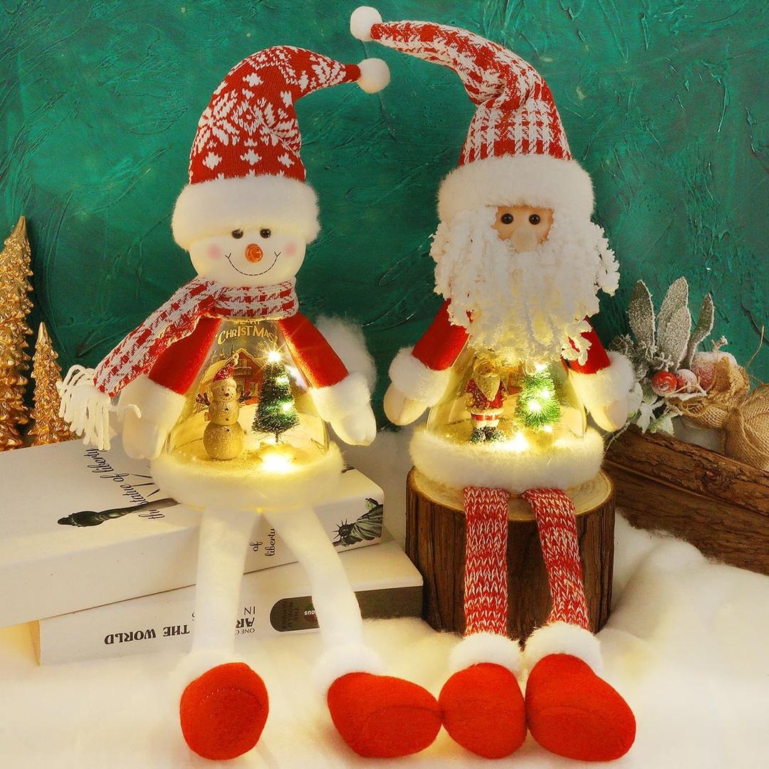 Juegoal 2 Pack Lighted Christmas Santa & Snowman with Dangling Legs, 24" Handmade Plush Figurines with Miniature Xmas Scenes in Belly, Battery Operated Tabletop Dinner Party Ornaments