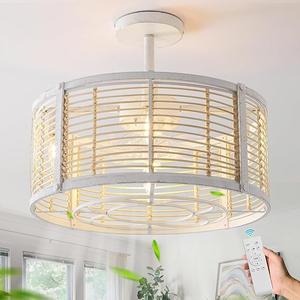20" Boho Rattan Ceiling Fan with Lights & Remote - Low Profile Enclosed Fandelier, 6-Speed Reversible DC Motor, Flush Mount Farmhouse Fan for Bedroom, Living Room, Kitchen