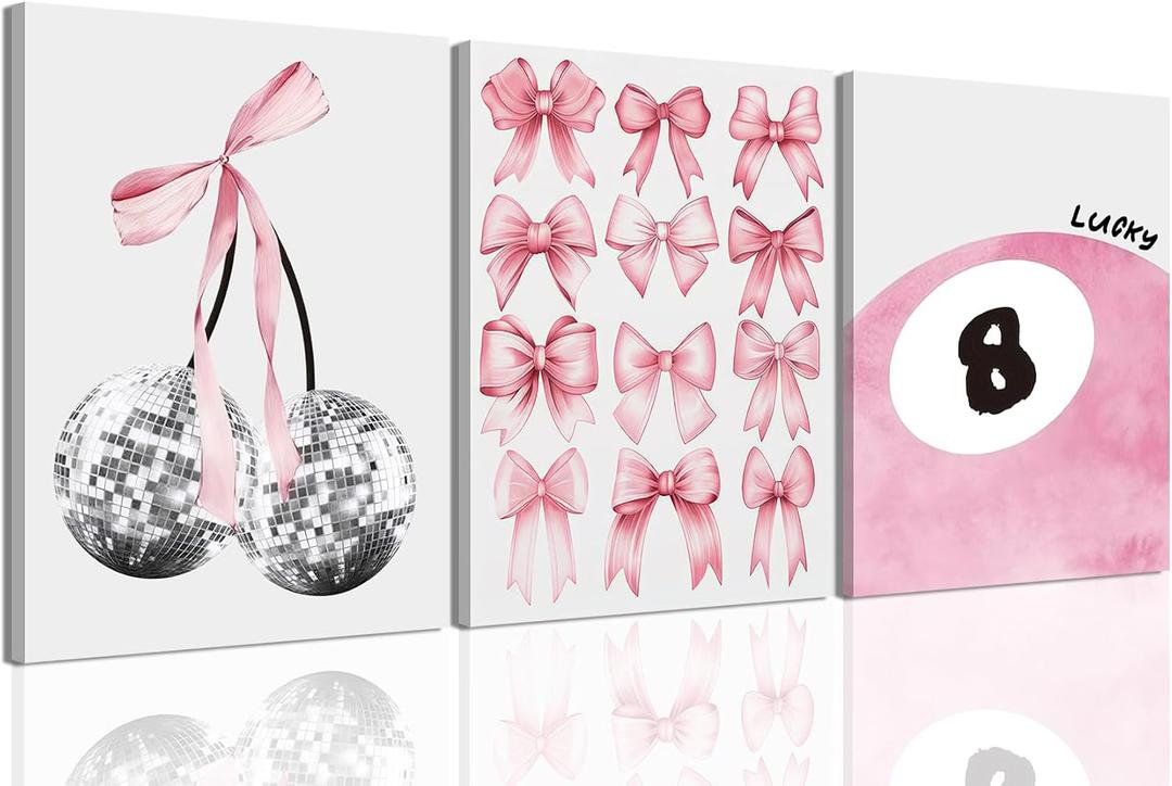 Trendy Pink Bows Wall Art Set of 3 Coquette Preppy Cherry Wall Decor Light Pink Cute Girly Lucky 8 Ball Canvas Poster Prints Aesthetic for College Dorm Living Room Bedroom Framed 16x24 Inch