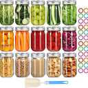Glass Mason Jars with Lids and Bands 16 oz - 15 Pack Regular Mouth Canning Jars for Food Storage, Pickling, Meal Prep, Overnight Oats, Dry Food & DIY Crafts - Includes 24 Stickers & Brush