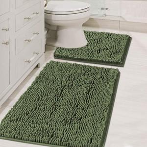 H.VERSAILTEX Bathroom Rugs Luxury Chenille Mat Set, Soft Plush Shower Rug + Toilet Mat, Microfiber Shaggy Carpet, Super Absorbent, Machine Washable (Curved Set, 32" x 20"/20" x 20", Loden)