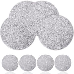 Silver Set of 4 Round Placemats & 4 Pieces Coasters Set Washable Heat Resistant Table Mats for Halloween Fall Christmas Kitchen Dining Table Sparkle Decoration Rhinestone Placemat (15 Inches)