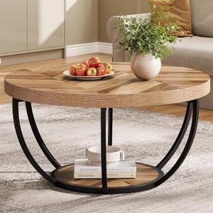 Tribesigns 31.7" Round Industrial Coffee Table with 2-Tier Storage Shelves, Modern Wood & Black Metal Accent Center Table for Living Room, Home Office  Easy Assembly (Wooden Grain and Black)