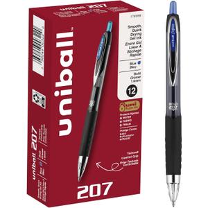 Uni-Ball Signo 207, 12 Pack 1.0mm Bold Blue Gel Pens - Water Resistant, Smooth Writing, Comfort Grip, Retractable - Back to School Pens, Teacher Pens, School Supplies