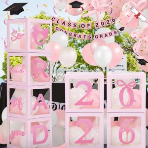 240 Pcs 2026 Graduation Bow Graduation Decorations Balloon Box with Letter 2026 Grad & So Proud of You Coquette Balloons Class of 2026 Congrats Grad Party Decorations for College High School(Pink)