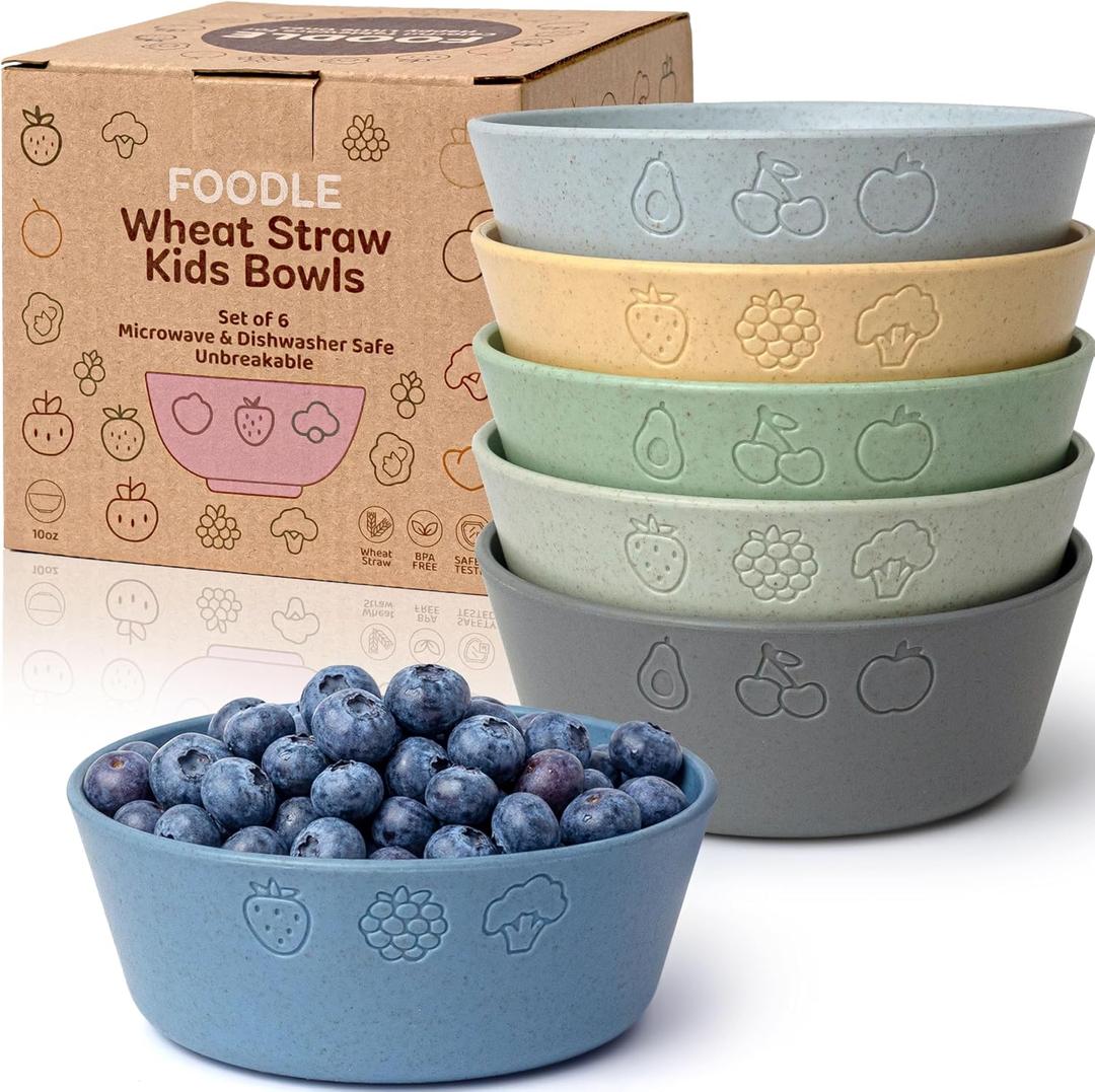 FOODLE 6pcs Wheat Straw Kids Bowls - 12oz Microwave & Dishwasher Safe Toddler Bowls - BPA Free & Non Toxic Dishes for Baby - Unbreakable and Durable Children's Snack and Cereal Bowl