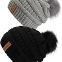 QUEENFUR Women Knit Slouchy Beanie Chunky Baggy Hat with Faux Fur Pompom Winter Soft Warm Ski Cap (B2-black/Soft Grey 2pack)