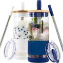 Pandaloo Glass Cups With Lids and Straws -20 Fl Oz- Perfect Size Iced Coffee Cup - Smoothie Cup With Bamboo Lid and On the go Lid - Glass Tumbler (2 Count (Pack of 1), Galactic Blue-Coton White)