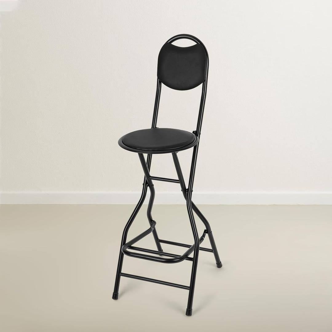 Sintuff 1 Pcs Seat Height 26 Inch Folding Bar Stool with Backrest Leather Padded Collapsible Stools for Adults Portable Black Bar Height Folding Chairs for Outdoor Indoor Kitchen Shop Cafe