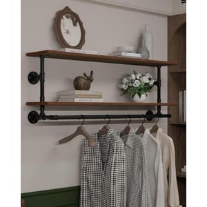 Clothes Rack 36/42/48in, Wall Mounted Garment Rack with Real Wood Shelf, Heavy Duty Hanging Clothes Rack, Multi-Purpose Hanging Rod, Space-Saving Closet Storage (1T36IN) (2T48IN)
