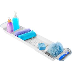 Madesmart Expandable Bath Tray for Bathtubs, Plastic Shower and Bath Shelf Caddy, White, Multifunctional Bathtub Bathroom Organizer (White/Blue)