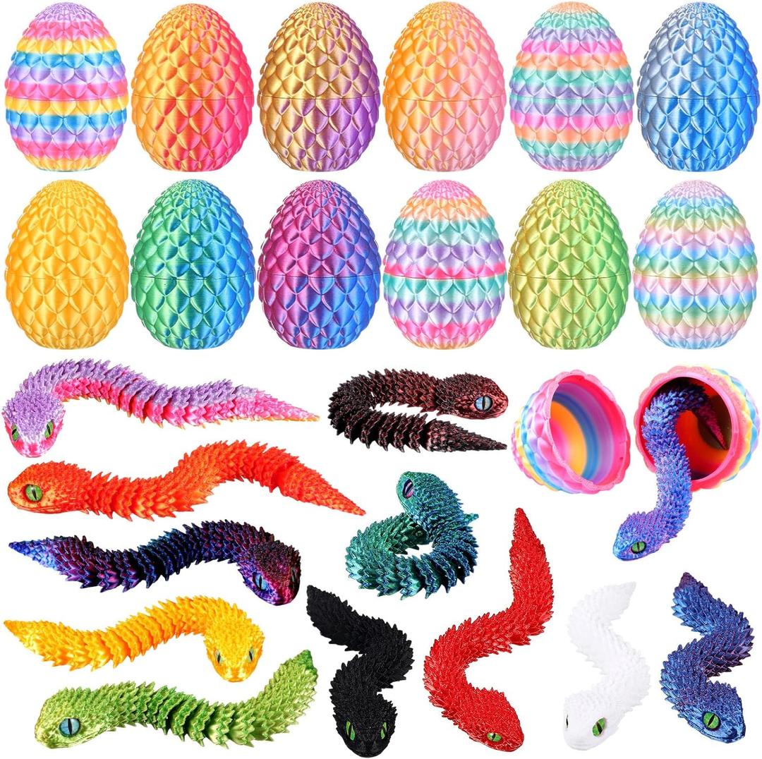 Honoson 12 Set 3D Printed Animals with Dragon Eggs 3D Printed Dragon Eggs Flexible Articulated Mini Animal Figurines Desk Pets for Party Favor Home Decor Easter Basket Stuffers(Snake)