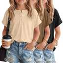YooAurvox 3 Pack Girl's T Shirts Summer Short Sleeve Tops Henley Round Neck Cute Shirts Loose Fit Kids Casual Basic Tees(Apricot, Coffee, Black,11-12 Years)