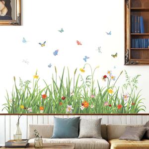 Green Grass Wall Stickers for Bedroom: Flowers Butterfly Wall Decals - Baby Gilrs Kids Nursery Living Room Office