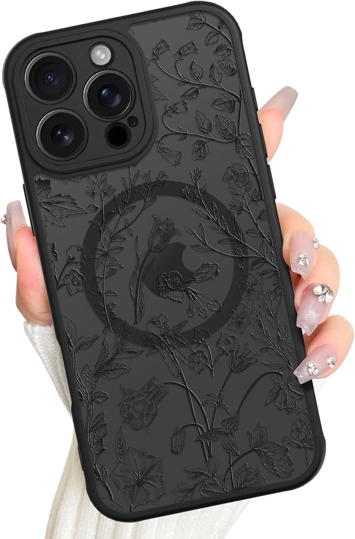 AIGOMARA Magnetic for iPhone 16 Pro Max Case, Compatible with Magsafe Cute Black Sage Flower Floral Pattern Screen Protector Camera Protection Matte Translucent Phone Case for Women Girls