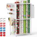 Wrapping Paper Organizer with Wheels, Metal Gift Wrap Storage Cart, Vertical Craft Organizer with 16 Slap Bands for Wrapping Paper Rolls, Wrapping Supplies Storage