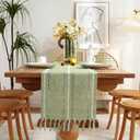 Rustic Farmhouse Style Linen Table Runner, Boho Handmade Tassel Embroidered Table Runners 60 Inches Long for Holiday Party, Christmas and Dining Decorations, 13 inchW X 60 inchL - Sage Green
