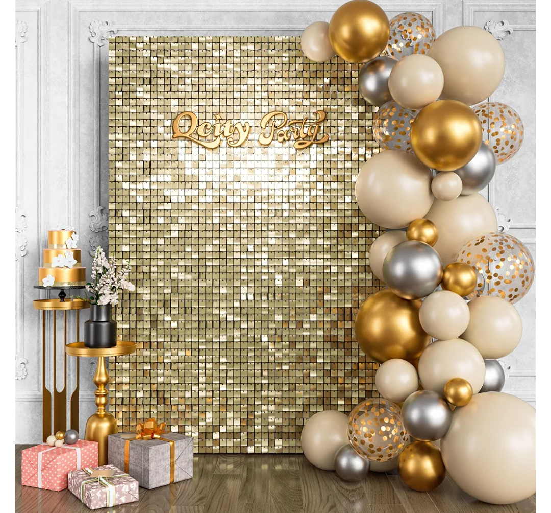 Qcity Light Gold Shimmer Wall Backdrop 24PCS, Black Back Not See-Through Design, Square Sequin Glitter Backdrop Panel, Perfect for Outdoor Events, Birthdays, Wedding and Party Decoration