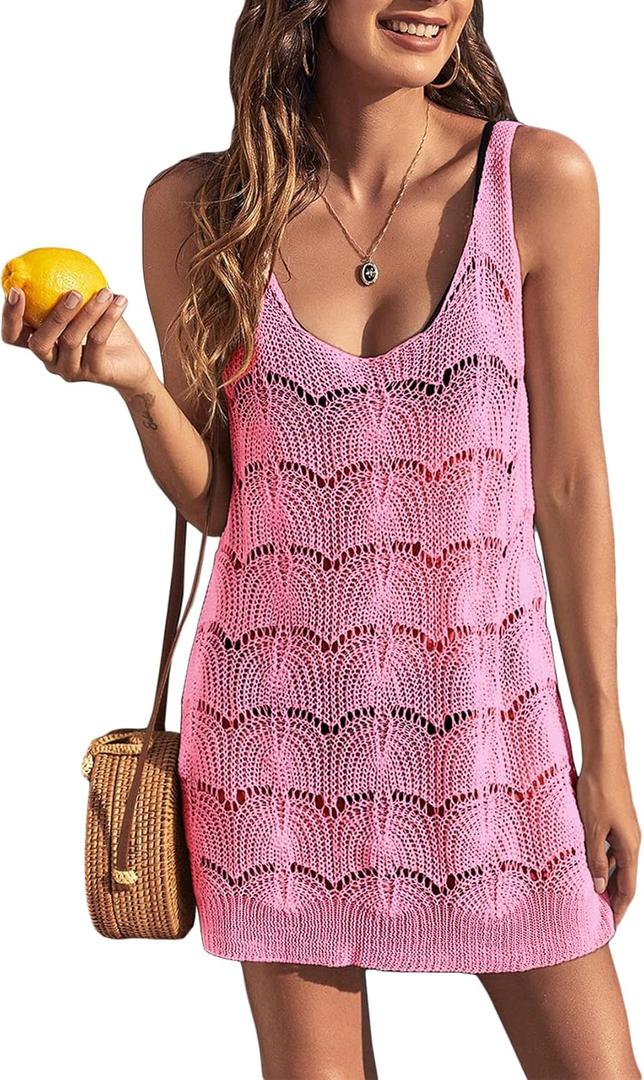 Womens Sexy Crochet Cover Up Swimwear Mesh Dress See Through Fishnet Beach Swimsuit Top (Large, Pink)