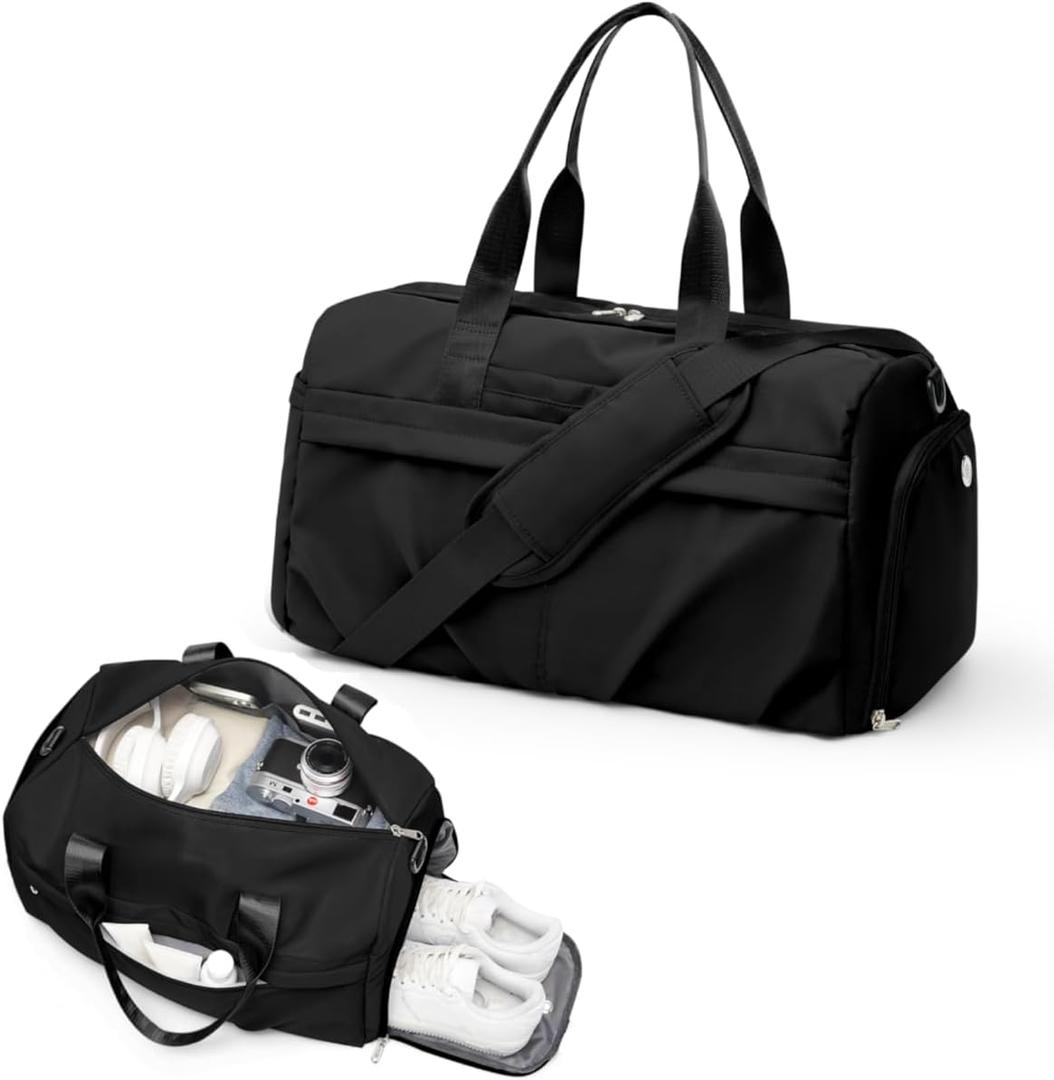 Gym Bag for Women Men with Shoe Compartment, Sport Duffel Bag, Waterproof Travel Weekender Overnight Carry on Bag for Yoga with Trolley Sleeve, Black, 18.11"x9.84"x9.84"