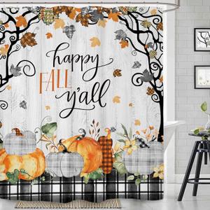 Riyidecor Happy Fall Shower Curtain for Bathroom Decor 60Wx72H Farmhouse Maple Leaf Pumpkin Floral Autumn Black White Plaid Wooden Rustic Art Printed Fabric Polyester Waterproof 12 Pack Plastic Hooks