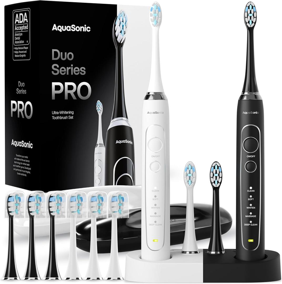 Aquasonic Duo Series PRO  Ultra-Whitening Electric Toothbrush Set  5 Modes & Smart Timers  Premium Travel Cases & 10 Proflex Brush Heads  ADA Accepted Toothbrushes