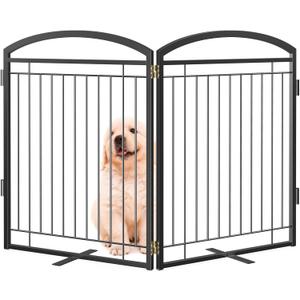 Full Metal Free Standing Dog Gate with Door for Indoor Outdoor, 48'' Extra Wide 32'' Tall Dog Gate for Doorways,Large Openings,Decks,Pet Puppy Freestanding Safety Fence(2 Panels,Black)