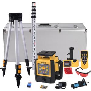 Rotary Laser Level Kit, 1/16" @100' Accuracy, 2296FT Work Range, IP66 Self-Leveling Construction Laser Transit with Tripod & Grade Rod, Swappable Battery System for Construction Job, Red Bean