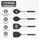Pack of 4 Large Silicone Cooking Spatulas and Spoons, Slotted and Solid Stainless Steel Cooking Utensils Set, Non-stick Heat Resistant Kitchen for Baking, Fried, Stir-Fry, Mixing, Serving (Black)
