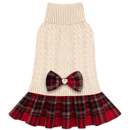 KYEESE Dog Sweater Knitwear Dog Sweaters for Small Dogs Girl Soft Turtleneck Pet Sweater Dress Thick Dogs Clothes with Bowtie Stretchy Cat Sweaters Warm Pullover Pet Coats for Cold Weather Winter M