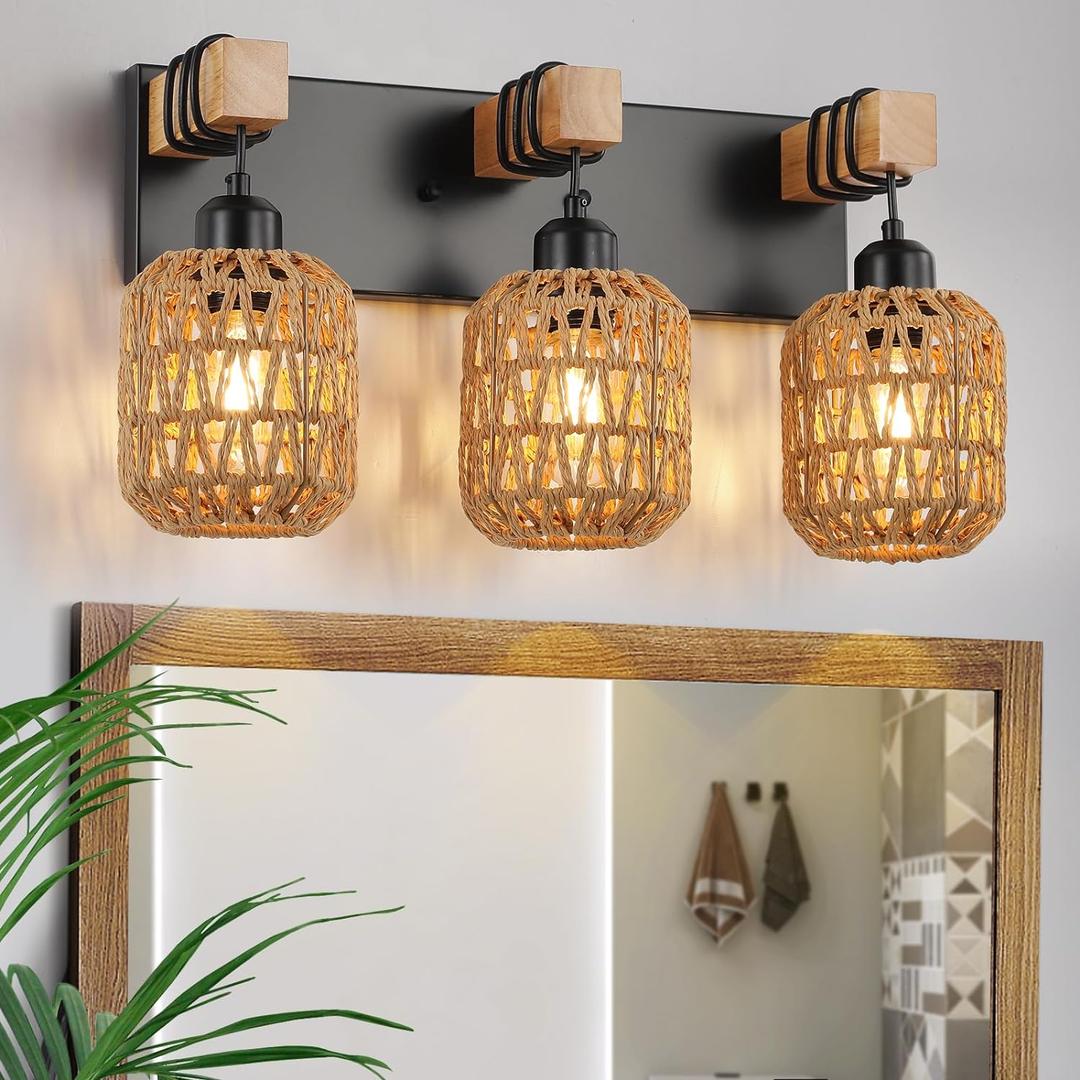 3 Light Bathroom Vanity Light Fixtures Rustic Style Wood Bathroom Wall Sconce with Boho Wicker LampshadeSuitable for Bedroom, Hallway, and Living RoomRattan Black Farmhouse Wall Sconce