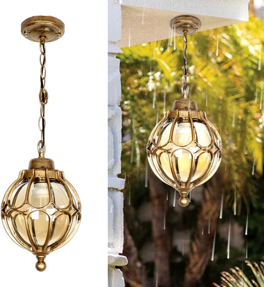 Outdoor Pendant Light Fixtures For Porch, Waterproof Exterior Lantern Glass Vintage Hanging Ceiling Light Retro Aluminum Outside Chandelier For Porch Patio Entryway Farmhouse (27cm/10.6",Gold)