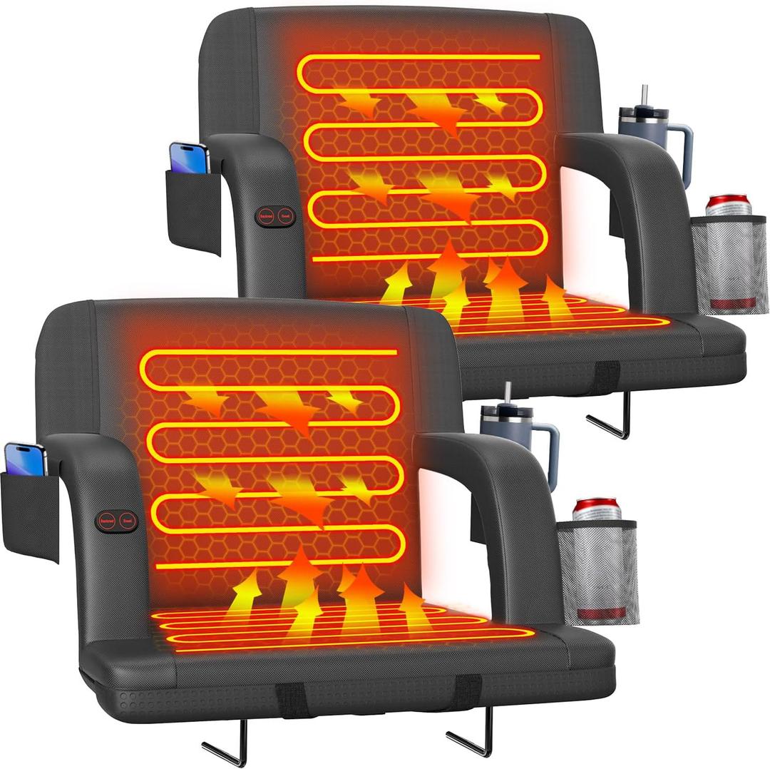Suteck Dual-Sided Heated Stadium Seats for Bleachers with Back Support, Portable Heated Bleacher Seat with Backrest, 3 Heat Levels, 5 Pockets Ideal for Outdoor Stadiums and Events - Black, 23 inch Wide