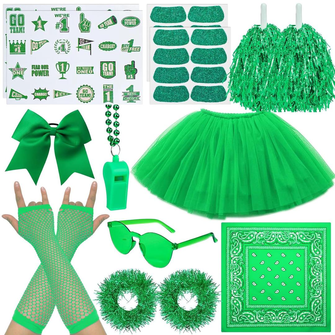 Ramede 21 Pcs Green Spirit Wear Girls Spirit Day Accessories Sports Day Pep Rally Supplies Camp Game Color Team Items Bulk Tutu Noisemaker Stickers for Sport