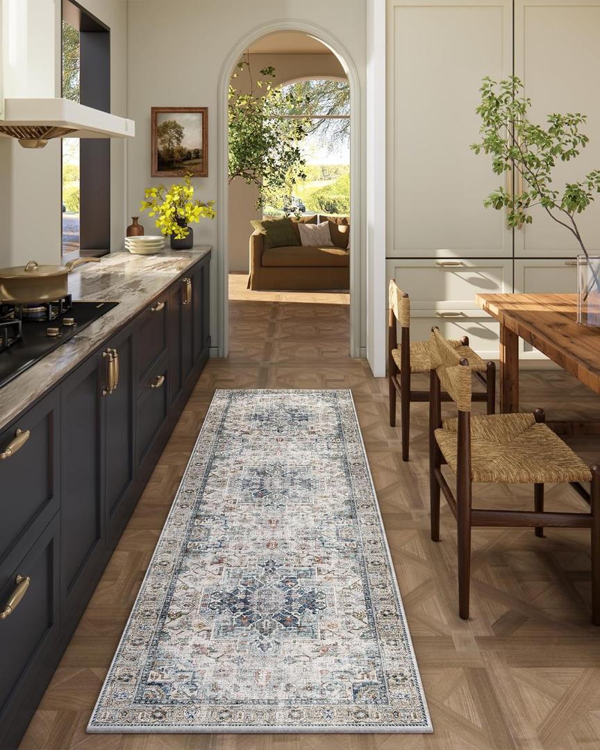 Machine Washable Kitchen Runner Rugs: 2'x6' Hallway Runner Rug Non Slip Low Pile Stain Resistant Soft Carpet Runners for Hallways Indoor Entryway Kitchen Laundry Room Beside Farmhouse (Blue and Cream)