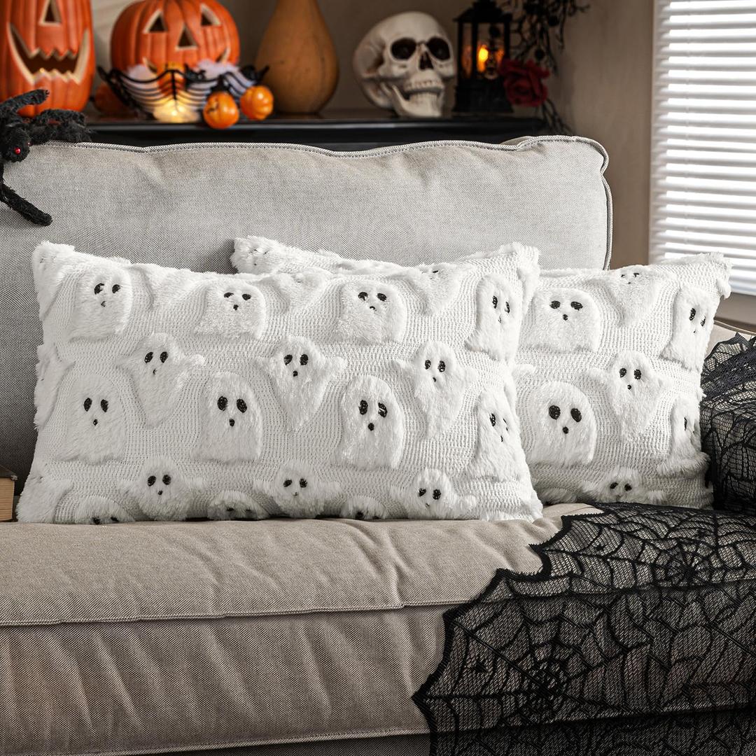EMEMA Halloween Ghost Decorations Pillow Covers 12x20 Inch Set of 2 Fall Pillow Covers Plush Faux Fur Jacquard Cushion Covers Throw Pillows for Porch Soft Couch Holiday Festivals Home Decor