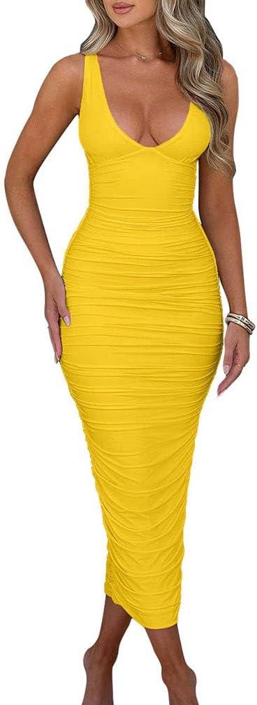 BEAGIMEG Women's Sexy Ruched Sleeveless Deep V Elegant Cocktail Evening Party Maxi Dress (Medium, Yellow)