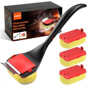 Bristle Free Grill Brush with Scraper, 4 Cleaning Head BBQ Grill Cleaning Brush, Dishwasher-Safe Grill Cleaner Tool for Gas, Charcoal, Ceramic
