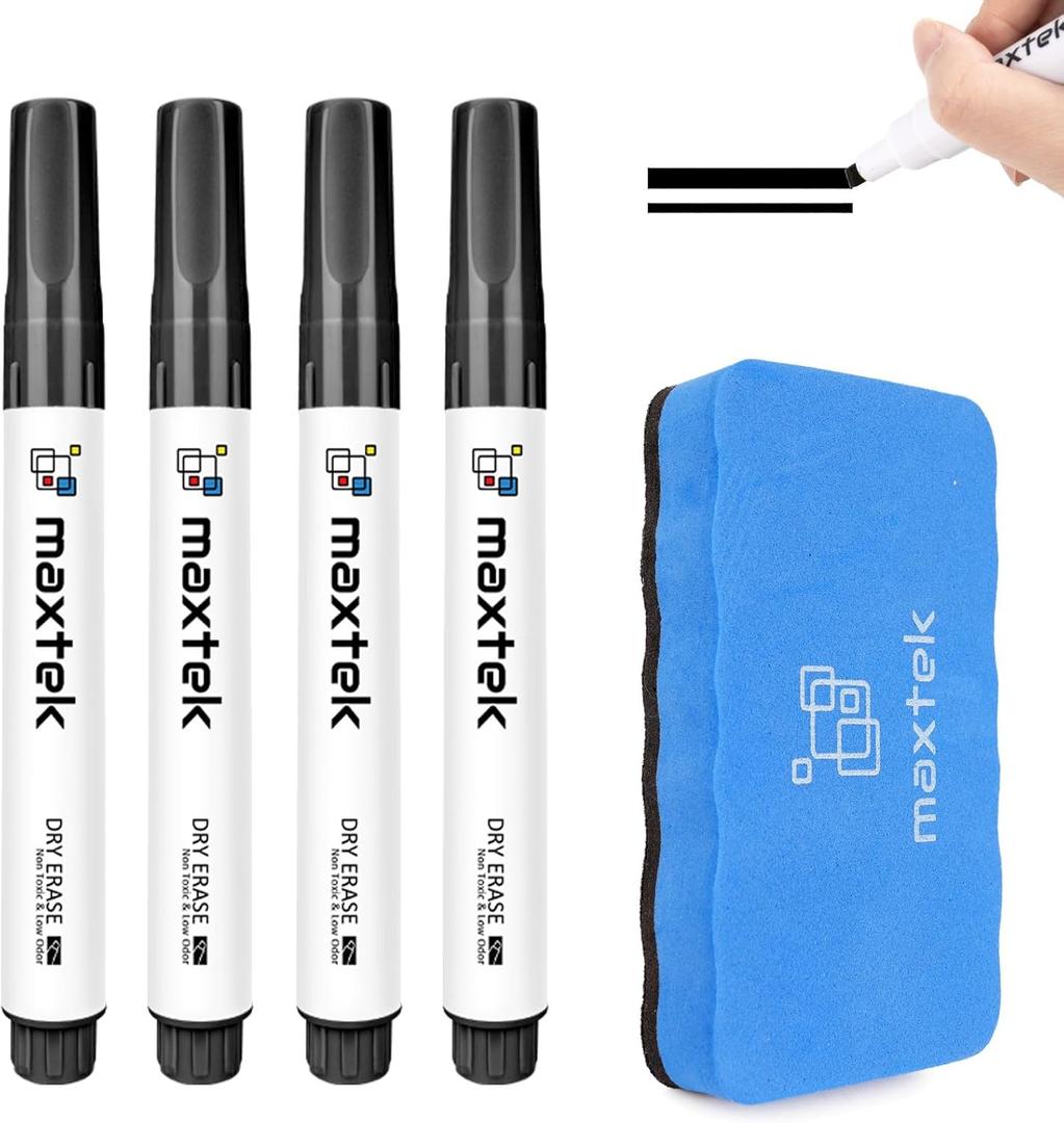 maxtek Black Dry Erase Markers 4 Count with 1 Magnetic Eraser, Low Odor Chisel Tip for Office, School, Classroom