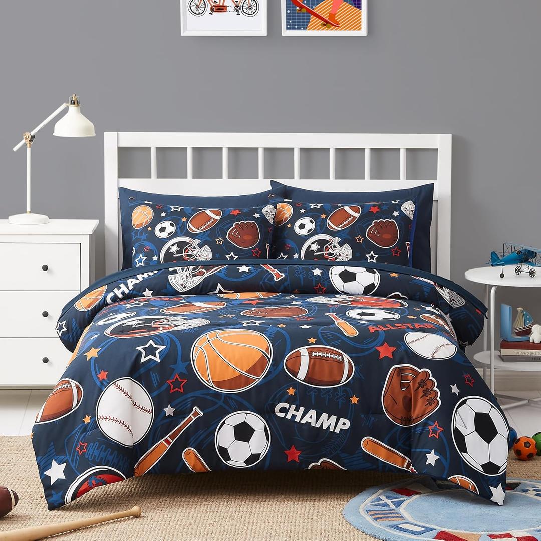 Full Kids Comforter Set - 7 Pieces Full Bedding Sets for Boys Teen, Glow in The Dark Sports Ball Games Bed in A Bag with Sheets