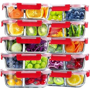 VERONES 10 Pack Glass Meal Prep Containers 2 Compartment Set, 30 OZ Airtight Glass Lunch Containers, Glass Food Storage Containers with Lids, for Microwave, Oven, Freezer & Dishwasher Friendly- Red