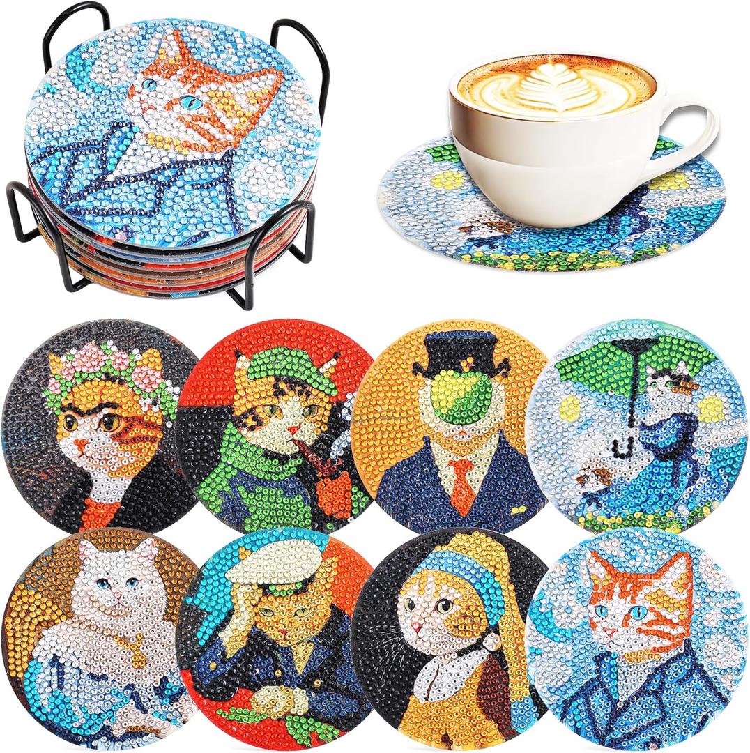 Whimsical Cat Masterpieces Diamond Art Painting Coasters Kits for Adult, 8Pcs DIY Crafts Non Slip Coaster Pads with Holder, Featuring Famous Art with Cats, Vibrant Resin Gems, Heat Resistant Drink Mat