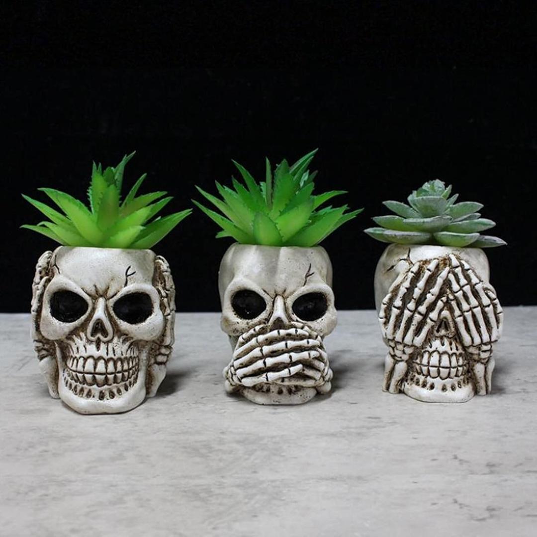 Simcat Succulent Pots with Drainage Mini Creative Skull Decor Resin Flower Pot 3 Cactus Planter Pots Succulent Plant Pots + Removable Drainage Stopper for Home Office Desktop Windowsill Dcor (Beige)