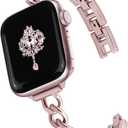 Newlibery Slim Pink Band Women Feminine Elegant Compatible with Apple Watch 42mm(S3/2/1)/44/45/46/49mm Adjustable Metal Strap Dressy Chain Bracelet for iWatch Series 11/10/9/8/7/6/5/4/SE/Ultra 3/2/1