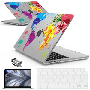 IBENZER Compatible with MacBook air 13 inch Case 2026 2025 2024 2023 2022 M4 A3240 M3 A3113 M2 A2681, HardShellCase w/KeyboardCover ScreenFilm Type-C for Mac air 13.6", Map, KK-MAP+2TC