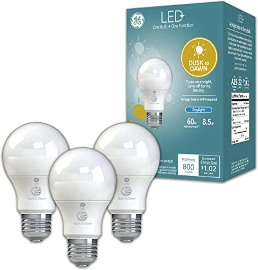 GE LED+ Dusk to Dawn A19 LED Light Bulbs, Automatic On/Off Outdoor Light, Daylight, 8.5W (3 Pack)
