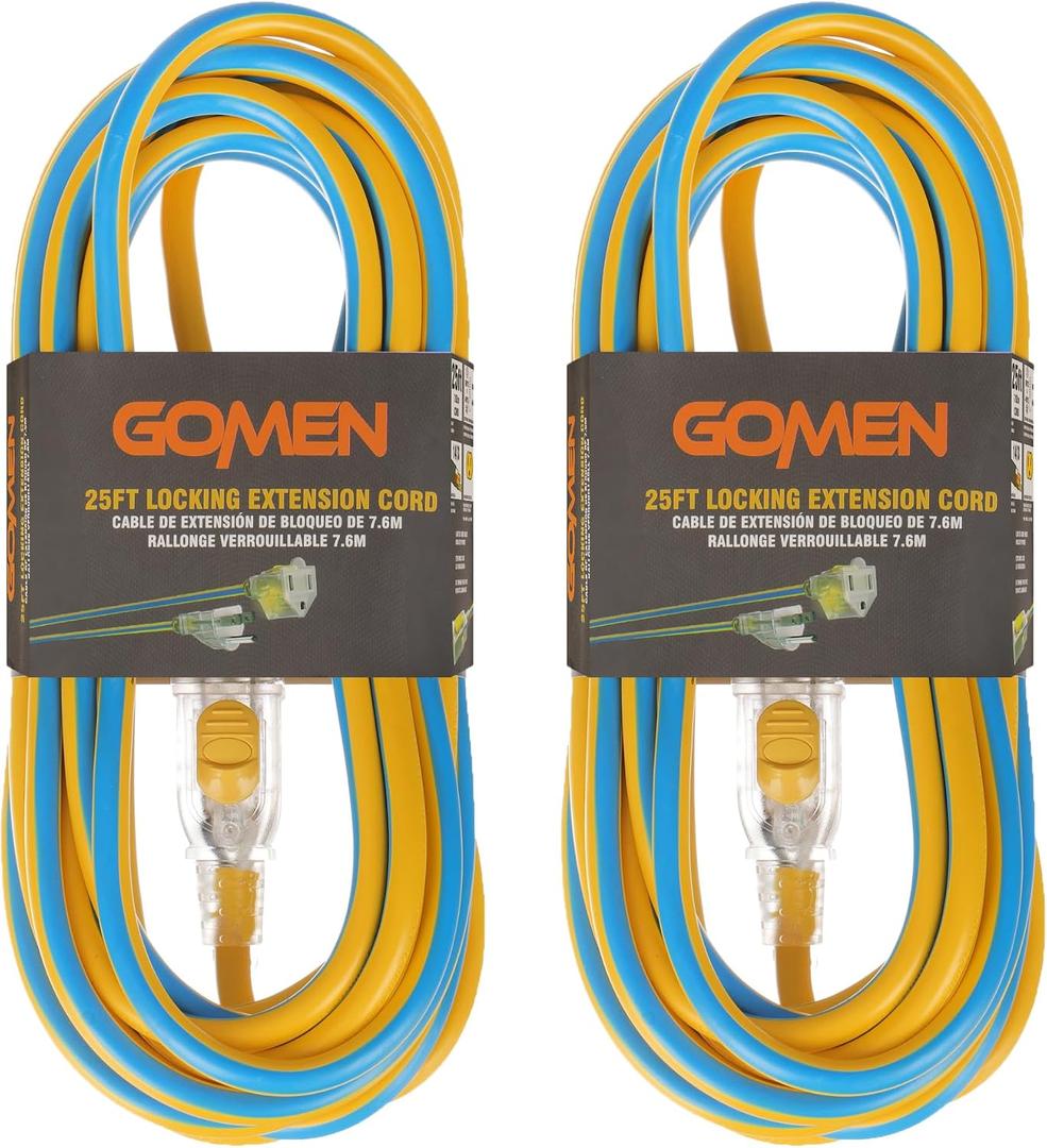 GOMEN 25 ft Extension Cord with Lighted Locking End - 14 AWG Gauge - 14/3 SJTW Heavy Duty for Outdoor/Indoor, 3 Prong Plug, Blue/Yellow Weather Resistant Jacket, for Major Tools and Appliances, 2 Pack